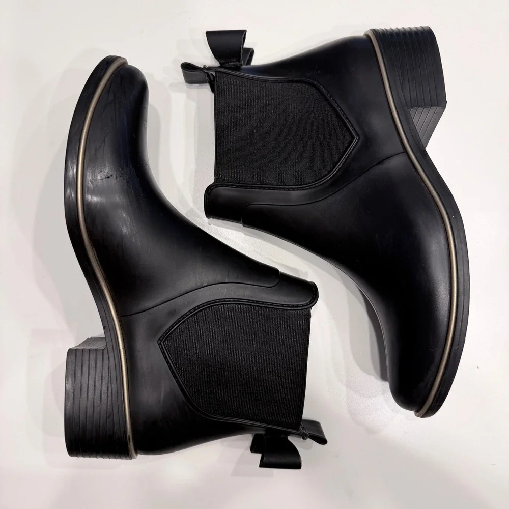 Kate Spade Sedgewick Black Rubber Bow Chelsea Rain Boots W 7 Matte Gold Trim